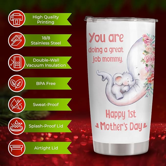34HD Elephant Mom Tumbler 20oz, Stainless Steel Vacuum Insulated First Mothers Day Mug with Lid, Elephant Gifts for First Time, New, Expecting Mommy, Mother and Child Gifts