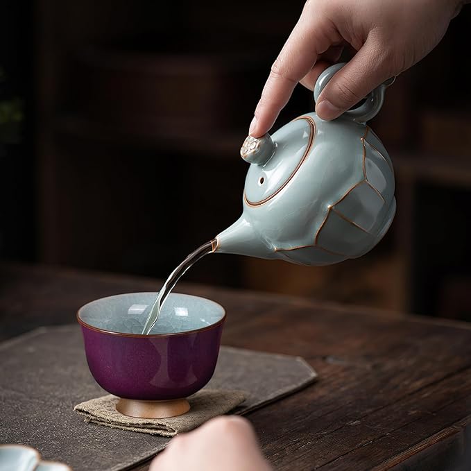 Tea Cup Set of 2 Porcelain Small Tea Cups 3oz Japanese Tea Cup Set, Asian Purple Ceramic Teacups for Home, Party, Office, Chinese Kung Fu Tea Set for Hot/Cold Drink (Gold Footed-Ice Crackle Glaze)