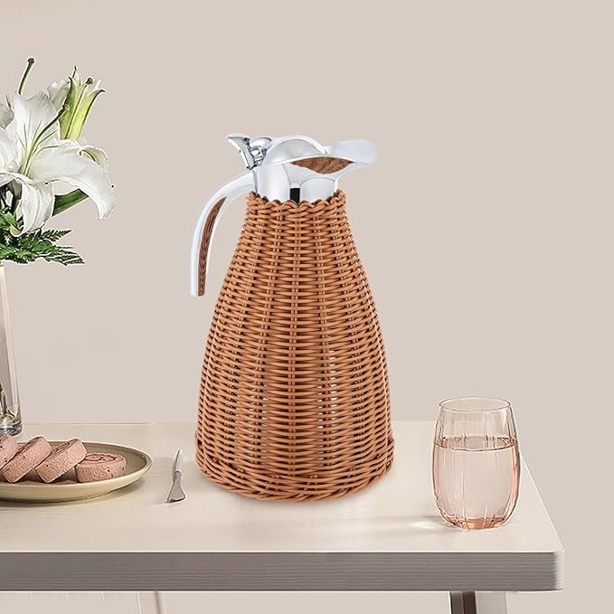 Stainless Steel Coffee Thermal Jug 1.5L/0.4 Gal Rattan Thermal Jug Double Walled Vacuum Insualted Jug with Handmade Rattan Body for Hot Liquids Keeping Hot with Silicone Lid for Home Coffee Shop