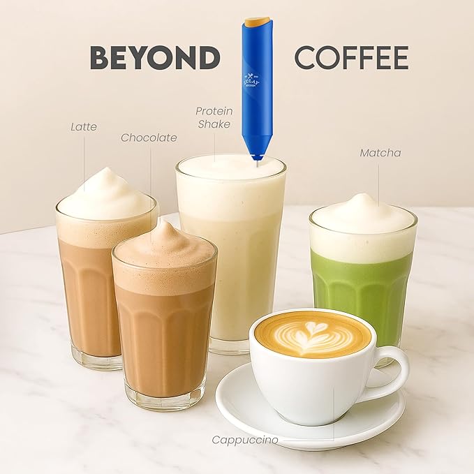 Zulay Kitchen FrothMate Powerful Milk Frother Portable & Compact Handheld Foam Maker Lattes, Cappuccinos (Blue with Gold Button, Froth Mate)