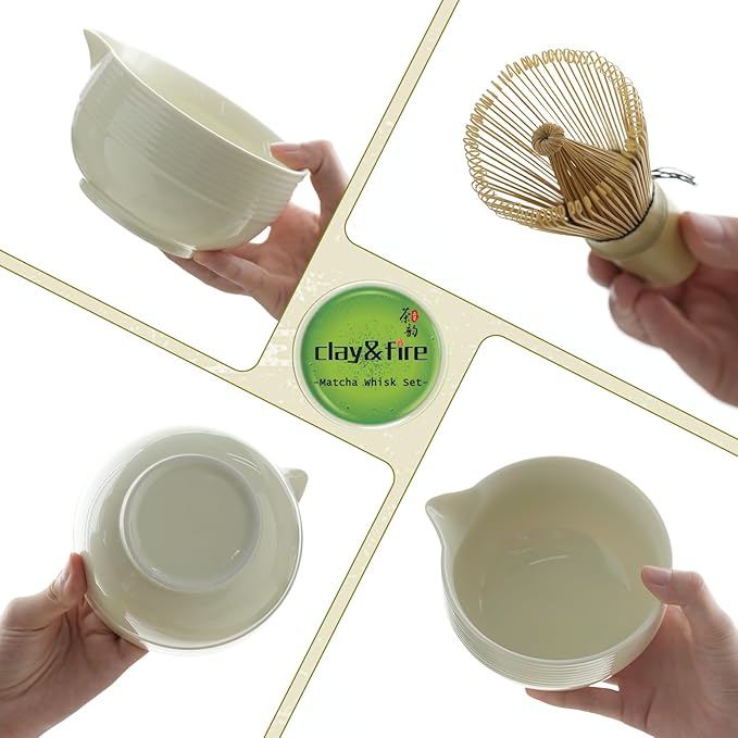 Clay&Fire Matcha Whisk Set, Ceramic Matcha Set, Matcha Bowl with Spout and Whisk,9 pcs Matcha Tea Kit for Matcha Lovers, Ideal Gift Christmas, Birthday（Beige）