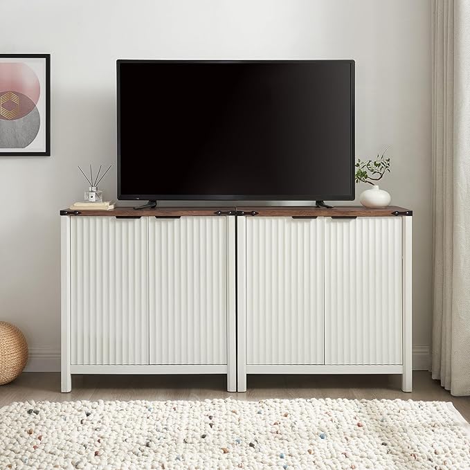32-inch Fluted Sideboard Cabinet - Rustic Modern Farmhouse Storage Organizer with Adjustable Shelves, Coffee Bar, Entryway Furniture for Kitchen, Living Room (Antique White)