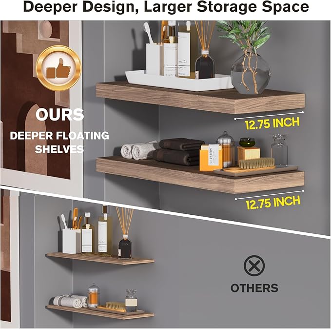 Floating Shelf, Set of 1 Wall Shelf, 24 in W x 12.75 in D x 2 in H Wooden Floating Wall Shelf with Invisible Brackets for Living Room/Bedroom/Bathroom/Kitchen Storage and Decor, Walnut