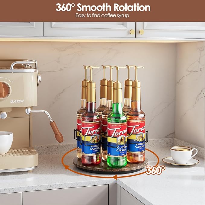 Rotating Coffee Syrup Organizer, 7 Bottles Coffee Syrup Rack for Countertop Syrup Bottle Holder Stand for Coffee Bar Station, Carbon Steel Frame with Wooden Base Coffee Bar Accessory, Black