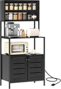 HOMCOM Kitchen Bakers Rack with Power Outlet, Coffee Bar Cabinet with Storage Shelves, Microwave Stand with Louvred Door Cabinets, Black