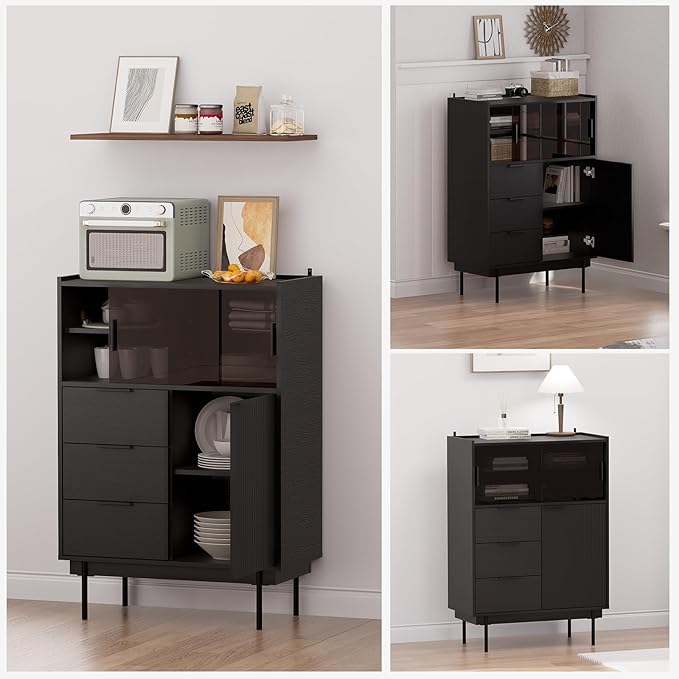 MEISSALIVVE Sideboard Cabinet, 31.5" x 45" Buffet Cabinet with Storage, Black Sideboard with 2 Sliding Doors & 3 Drawers, Coffee Bar Modern Entryway Storage for Living Room, Bedroom, Kitchen