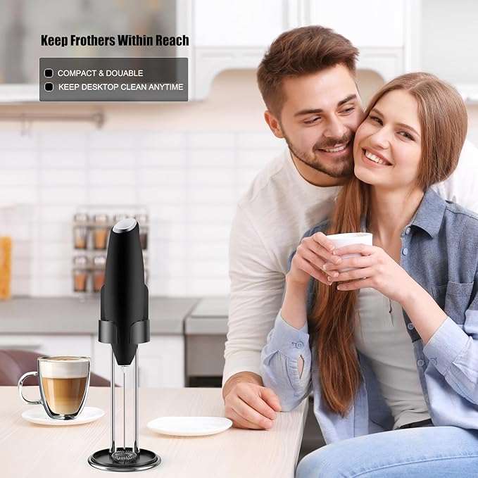 DERGUAM Milk Frother for Coffee, Electric Handheld Milk Frother, Milk Foamer, Mini Mixer and Coffee Blender Frother for Frappe, Latte, Matcha, Cappuccino, Battery Operated with Stand (Frother Stand)