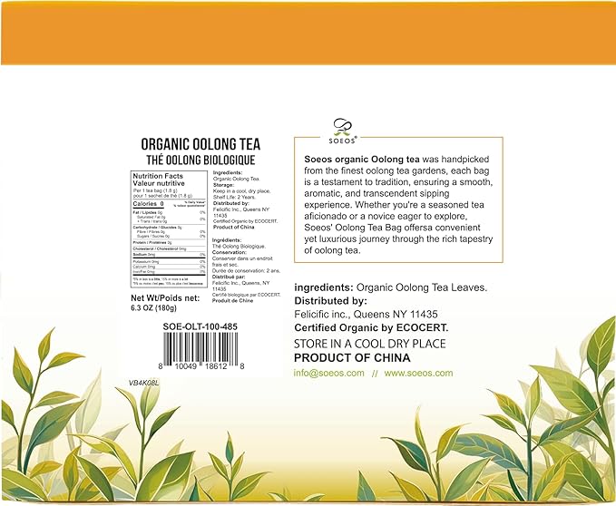 Soeos Organic Oolong Tea, 100 Tea Bags, Low Caffeine, Hot and Cold Brew, Fresh and Healthy Oolong Tea, 6.3 Ounce