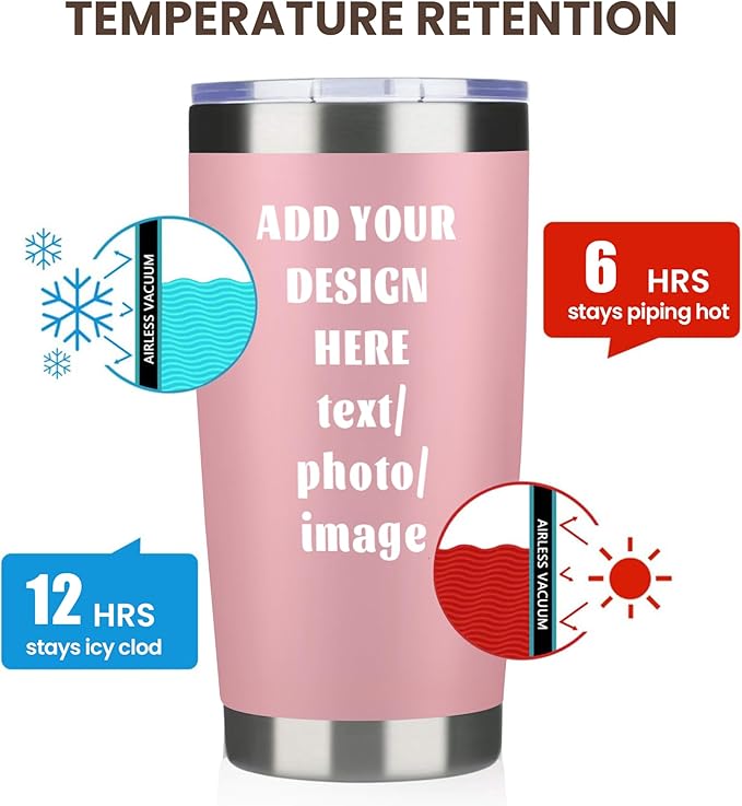 MEWAY Personalized Custom 20oz Stainless Steel Tumbler with Lid, Insulated Double Wall Vacuum Travel Coffee Tumbler Gifts with Text Photo Logo (Pink, 1pack)