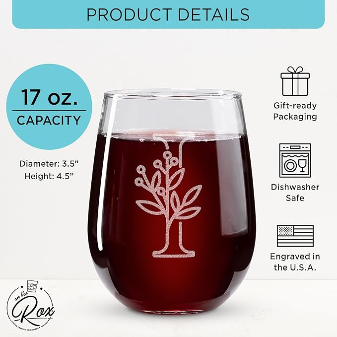 On The Rox Drinks Monogrammed Gifts For Women and Men - Letter A-Z Initial Engraved Monogram Stemless Wine Glass - 17 Oz Personalized Wine Gifts For Women and Men (I)