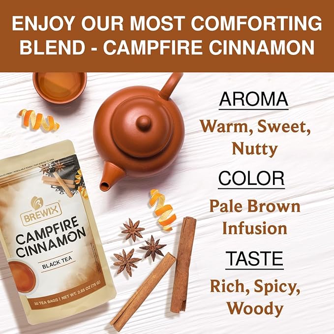 BREWIX, Campfire Cinnamon Black Tea (30 Pyramid Tea Bags) | Black Tea with Orange & Cinnamon | Sweet and Spicy Tea | Energy Tea