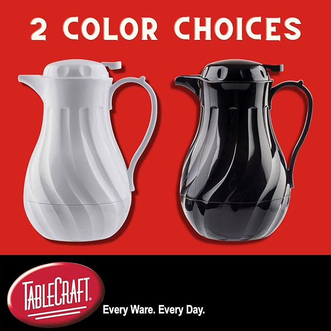 Tablecraft Insulated Coffee Server, Tea and Hot Water Beverage Dispenser, Swirl Thermal Triple Wall Serving Pitcher, Commercial Restaurant Foodservice Plastic BPA Free Pot, White, 64 Ounce