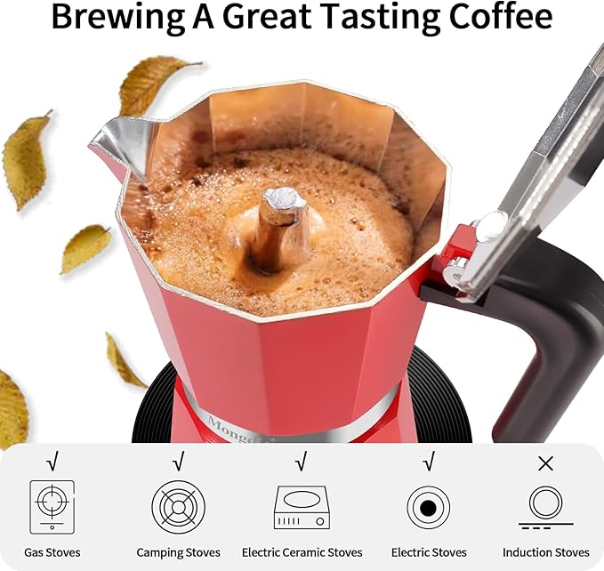 Mongdio Stovetop Espresso Maker Moka Pot, Stove Top Cuban Coffee Maker, Italian Greca Mocha Pot, 6 Espresso Cups, 10 oz - Red