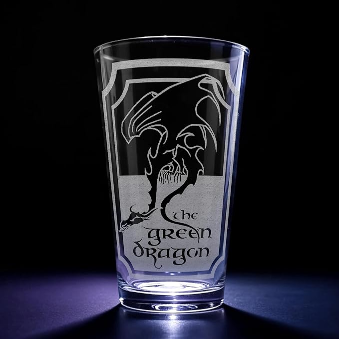 THE GREEN DRAGON Engraved 16oz Pint Glass | Inspired by Tolkien Power Ring and Middle Earth Fellowship Tavern | Prancing Pony | Unique Elvish Fantasy Wizard Fantasy Decor!