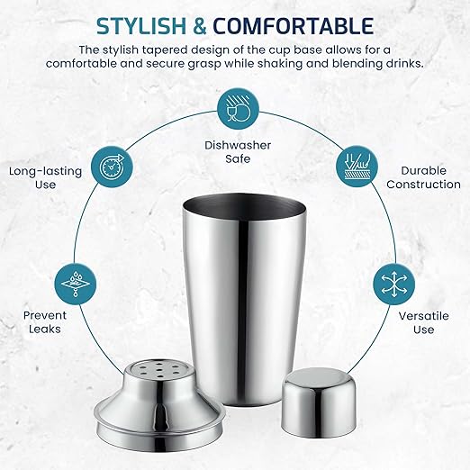 OCS Parts 3-Piece Stainless Steel Cocktail Shaker | 8-Ounce | Makes Perfect Mixed Drinks, Cocktails, and Coffees