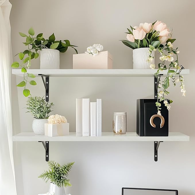 Kaboon 27 inch Long 10 inch Deep Floating Shelves for Wall Set of 2, Large Open Shelves Wall Mounted, Space Saving Home and Commercial Use, Sea Salt/Greyish White