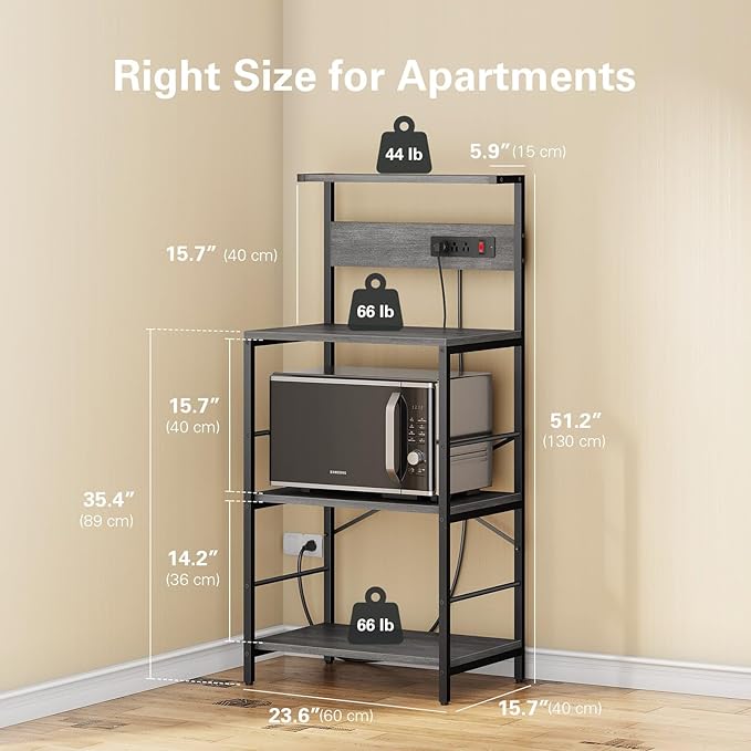 Bakers Rack with 3 Power Outlets, 4-Tier Kitchen Microwave Stand with Storage, Freestanding Kitchen Shelf Stand 23.6”L x 15.7”W x 51.2”H, Coffee Bar Table, Grey