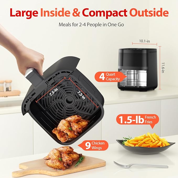 Air Fryer, Beelicious 8-in-1 Smart Compact 4QT Air Fryers with Viewing Window, Shake Reminder, 450°F Digital Airfryer with Flavor-Lock Tech, Dishwasher-Safe & Nonstick, Fit for 1-3 People, Black