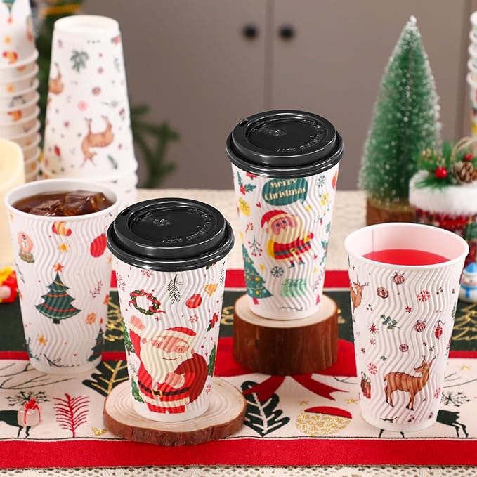 100 Pack Christmas Coffee Cups with Lids 16oz, Disposable Insulated Ripple Wall To Go Paper Coffee Cups for Hot/Cold Drinks Office Home Shop Event (Colorful)