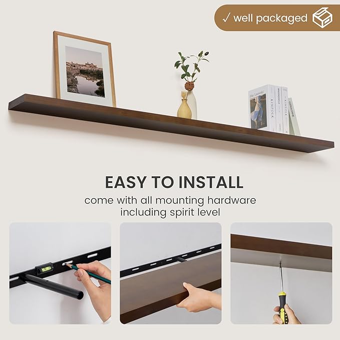 Floating Shelves 72 Inches Long - 8 Inch Deep Rustic Solid Pine Wood for Storage - Farmhouse Wall Mounted for Living Room - Heavy-Duty Metal Bracket - 72" W x 8" D - American Walnut Color
