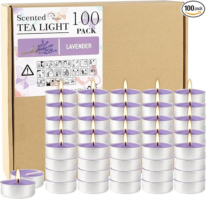 Purple Lavender Scented Tealight Candles - 4 Hours - Giant 100 Bulk Packs - Smokeless Tea Lights for Valentine's Day, Weddings,Christmas, Home Decorative