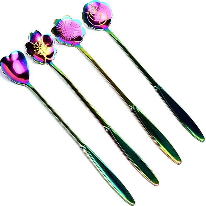 Rainbow Stainless Steel Reusable Tea Scoops and Stirring Spoons - Set of 4, Coffee, Mixing, Sugar, Dessert, Cake, Ice Cream Spoons for Tea Party, Dishwasher Safe