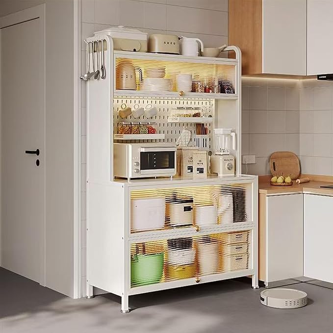 Bakers Rack with Wheels, 5-Tier Coffee Bar with Wheels, Microwave Stand with Storage, Kitchen Shelves for Kitchen Pantry, Storage Room, White