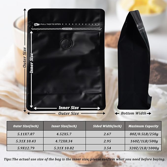 50 Pcs Upgraded Coffee Bags with Valve (Black, 16 oz/1 lb), Black High Barrier Aluminum Foil Flat Bottom Standing Coffee Bean Storage Bags, Heat Sealable Resealable Bag for Home.