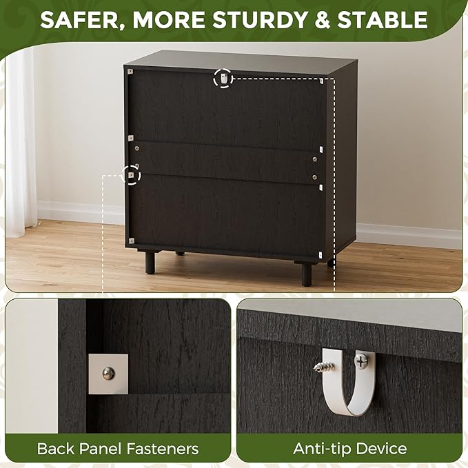Black Rattan Sideboard Buffet Cabinet with Doors and Shelf, Rattan Accent Cabinet with Wood Feet, Boho Storage Cabinet for Living Room, Kitchen, Entryway