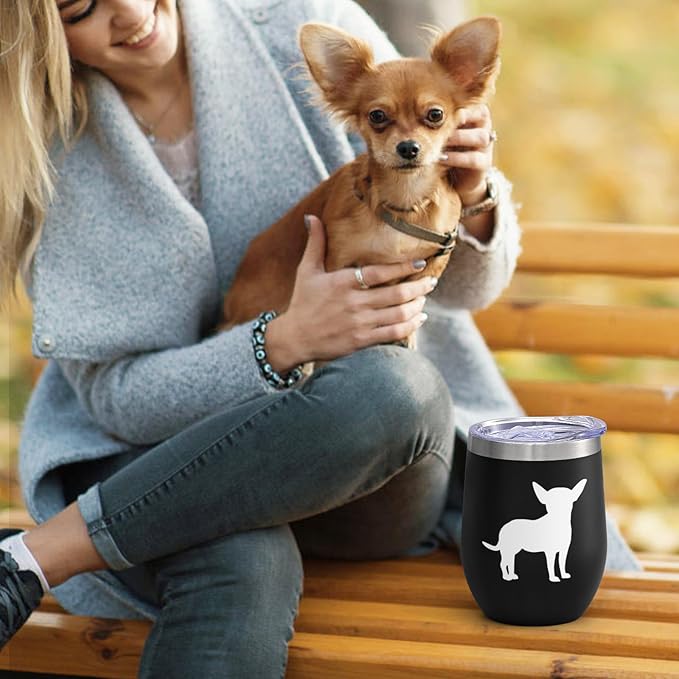 Lifecapido Chihuahua Gifts, Chihuahua Silhouette 12oz Stainless Steel Wine Tumbler Set of 2, Birthday Gifts Christmas Gifts for Dog Lovers Dogs Parents Dogs Mom Dog Dad, Black and White