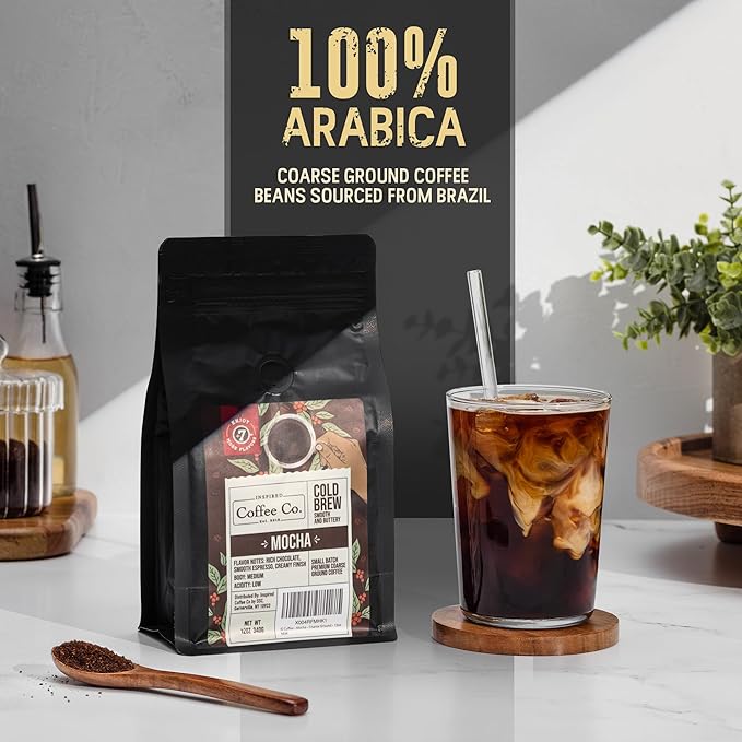 Inspired Coffee Co Cold Brew Coffee - Mocha Flavored - Coarse Ground Beans For Perfect Medium Roast Low Acid Smooth Taste - 100% Arabica Grounds 12 oz. Resealable Bag