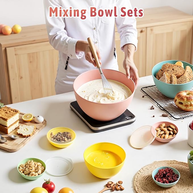 8 Piece Plastic Mixing Bowls with Lids Set - Microwave Safe Kitchen Plastic Bowls for Preparing, Serving and Storing - Dishwasher Safe Large Nesting Mxing Bowl Set Bowls with Mixing Spoon and Fork