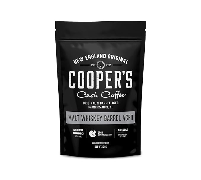 Single-Malt Whiskey Barrel Aged Coffee - Ground - Sumatra Beans Aged in Stout Whiskey Barrels -12 oz