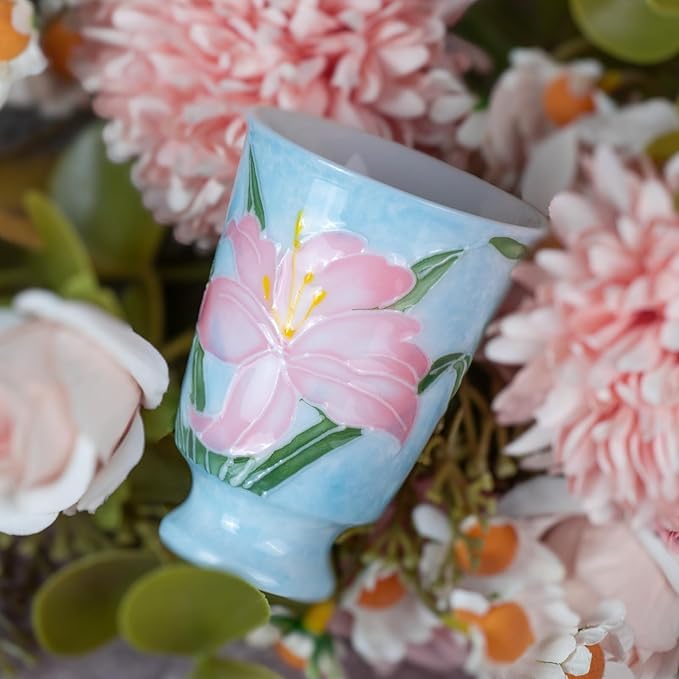 KAMMAK Ceramic Tea Cups Small, Cute Vintage Coffee Cup Set of 2, Porcelain Teacups Espresso Mug, 1.5oz Hand Painted Chinese Afternoon Tea Party Mugs, Birthday Gift for Women Men, Hand-Piled Lily