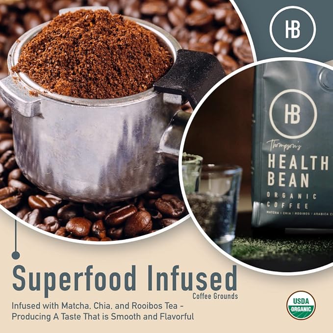Healthy Bean Organic Low Acid Coffee Ground - USDA Organic Mold-Free, Superfood Infused, Clean and Healthy - Low Acid for Sensitive Stomachs - Semi-Dark Roast Ground Coffee, 10oz (1-Pack)