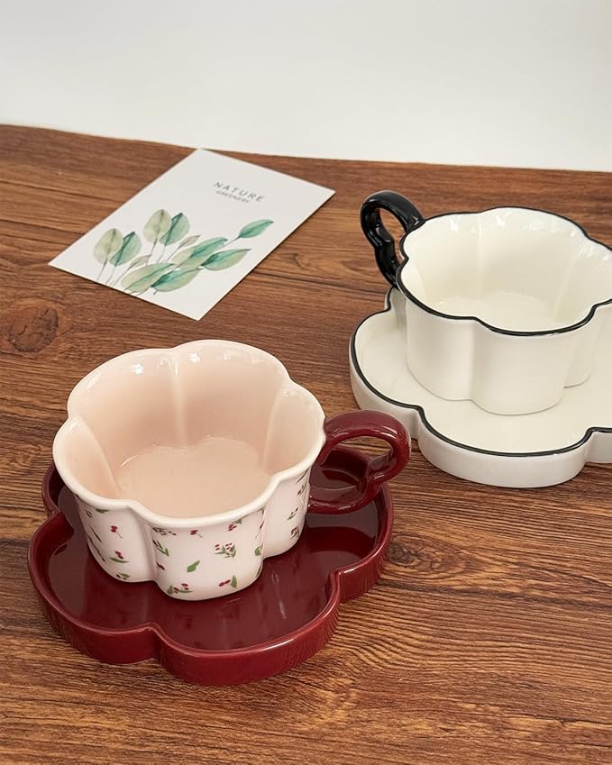 Ceramic Coffee Mug with Saucer Set, Creative Cute Cup with Flower Coaster for Office and Home, 8.4 oz/240 ml for Tea Latte Milk-Pink Cherry (Pink Cherry)