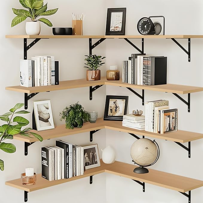 Kaboon 55 inch Long 10 inch Deep Floating Shelves for Wall Set of 2, Large Open Shelves Wall Mounted, Space Saving Home and Commercial Use, Light Walnut