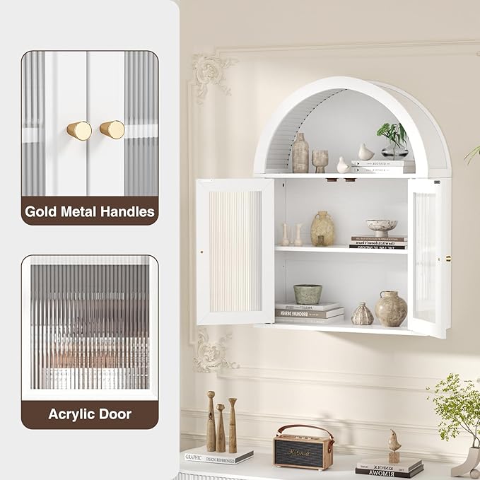 Arched Bathroom Cabinet, Wall Mounted Bathroom Cabinet with Acrylic Doors and Adjustable Shelf, for Kitchen, Living Room, Laundry Room, Restroom, White