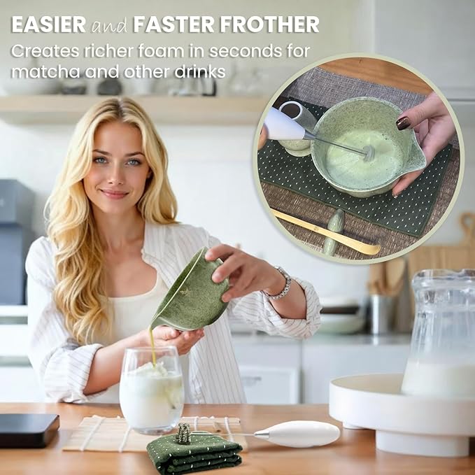 Matcha Whisk Set Incl. Ceramic Bowl With Spout, Whisk (Chasen), Stand, Bamboo Scoop, Sifter, Electric Frother, Tea Towel etc. 9 Pcs Matcha Making Starter Kit, White