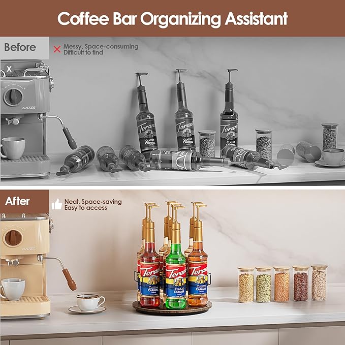 Rotating Coffee Syrup Organizer, 7 Bottles Coffee Syrup Rack for Countertop Syrup Bottle Holder Stand for Coffee Bar Station, Carbon Steel Frame with Wooden Base Coffee Bar Accessory, Black