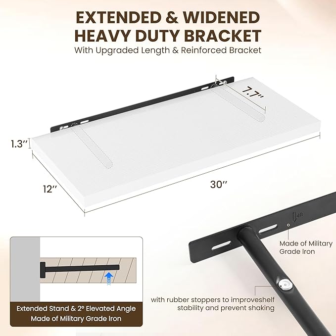 Dreamland 30" Floating Shelves for Wall, 12" Deep Slim White Floating Shelves, Wall-Mounted Shelves for Bedroom, Living Room, Kitchen, Bathroom - Set of 2