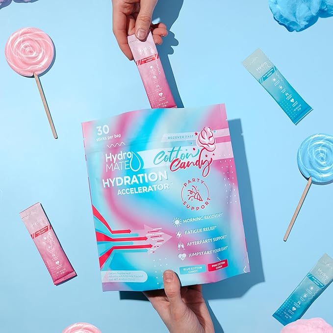 HydroMATE Electrolytes Powder No Sugar Cotton Candy - 16 Sticks Instant Hydration Packets with Vitamin C to Boost Energy - Sugar Free Electrolytes to Support Hydration on Keto Diet & Party Recovery
