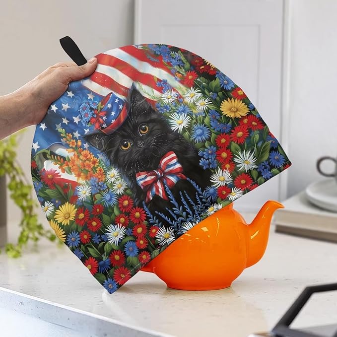 USA FlagTeapot Insulation Cover Soft Tea Pot Cozy Cover with Keep Warming Black Cat Kettle Kitchen Dust Cover for 4th of July Home Decor Dust Proof Kettle Cover