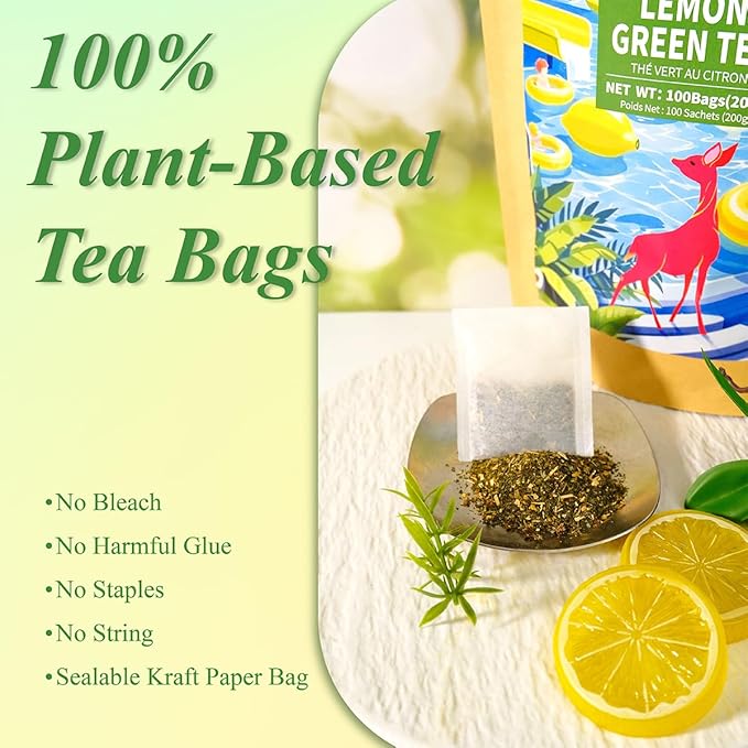 WT WEETEE Green Tea with Lemon, 100 Count Lemon Green Tea Bags, Flavored Green Leaves with Lemonpeel Lemongrass Lemonbalm