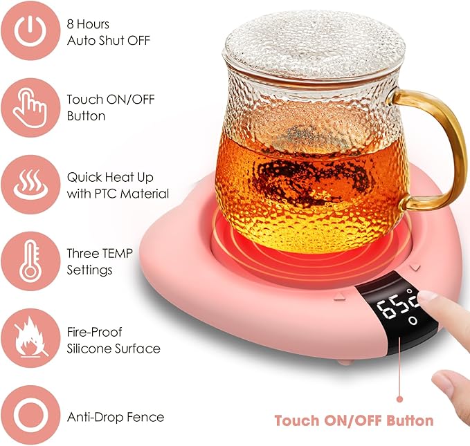 Coffee Mug Warmer for Desk, Cup Warmer with Auto Shut Off, Mug Warmer Plate for Coffee, Milk, Tea, Beverage - Mug Heater for Travel, Home and Office (Pink)