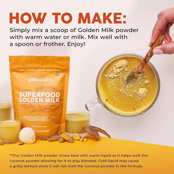 Paleovalley Organic Superfood Golden Milk - Immune, Focus, Cognitive, Longevity - Turmeric, MCT-Rich Coconut Milk, Functional Mushrooms, 28 Servings
