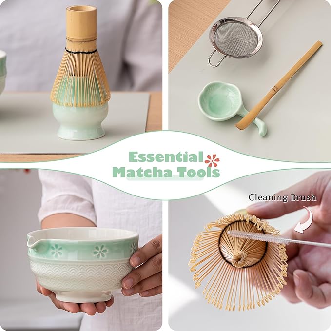 Matcha Tea Set, 8 Pcs Japanese Matcha Kit with Cherry Blossom and Wave Design Ceramic Bowl, Bamboo Whisk, Whisk Holder, Scoop, Sifter, Brush, Matcha Kit Set for Matcha Lovers (Green Gradient)