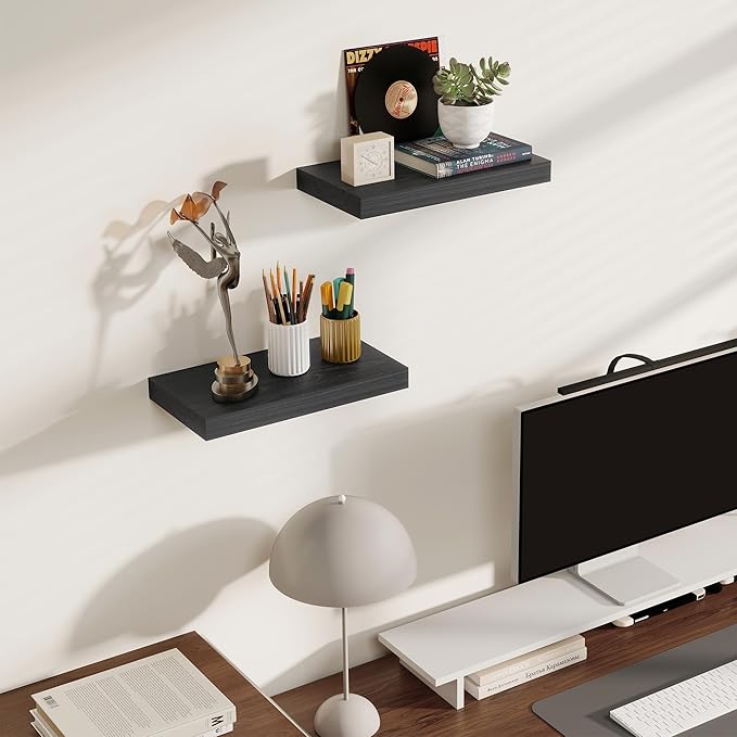 Floating Shelves for Wall, Real Wood Floating Shelf Set of 2, 8 Inch Deep Floating Shelves, Rustic Wood Wall Shelf for Home Decor, Deep Storage Shelves for Bathroom, Kitchen, 16"W x 8"D, Black Color