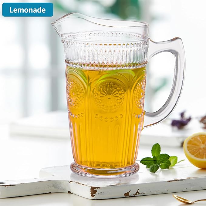 MDLUU Vintage Glass Pitcher, Glass Carafe, Bar Mixing Pitcher Glassware, Water Carafe Jug for Beverage, Cocktail, Juice, Milk, Ice Tea, 50 Oz