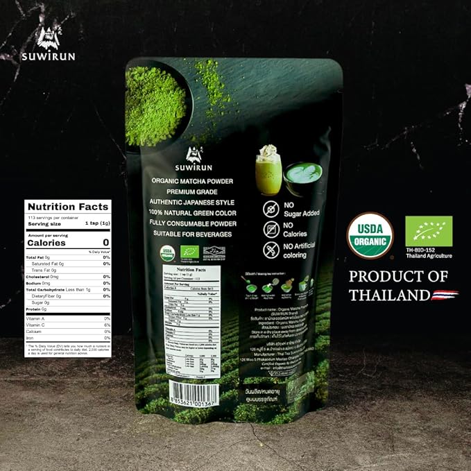 Suwirun Organic Pure Matcha Powder 4oz – Authentic Japanese Green Tea – Unsweetened, Umami-Rich Superfood – Perfect for Lattes, Baking & Smoothies